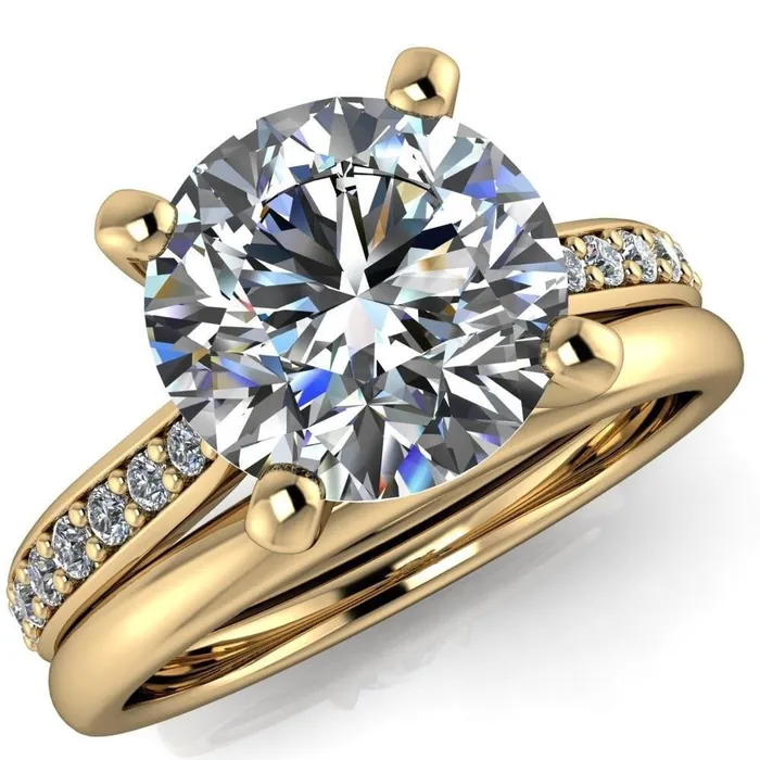 Fire Brilliance Ella Round Center Stone 4 Prong Single Side Diamonds Comfort Fit Engagement Ring Rings