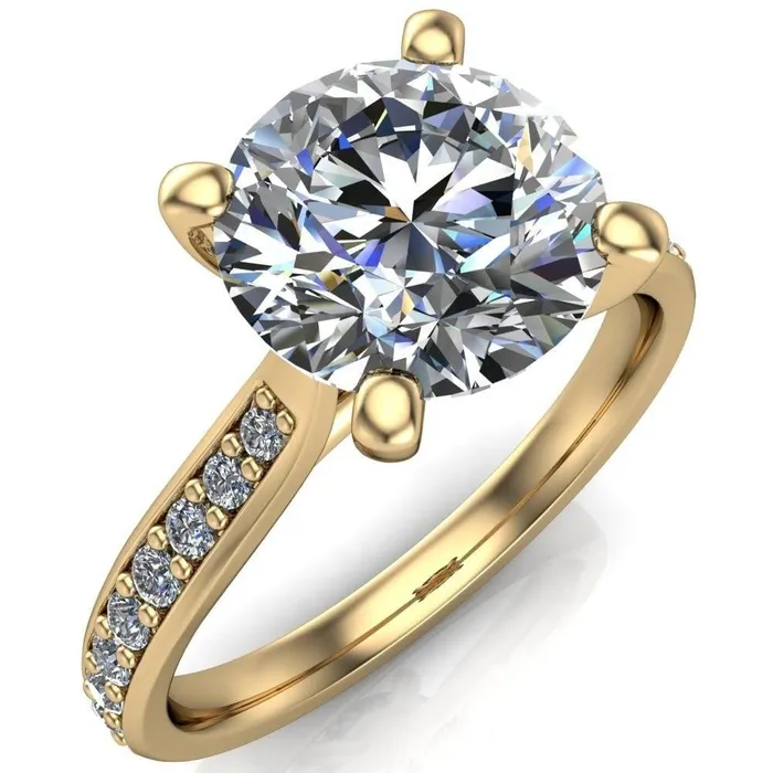 Fire Brilliance Ella Round Center Stone 4 Prong Single Side Diamonds Comfort Fit Engagement Ring Rings