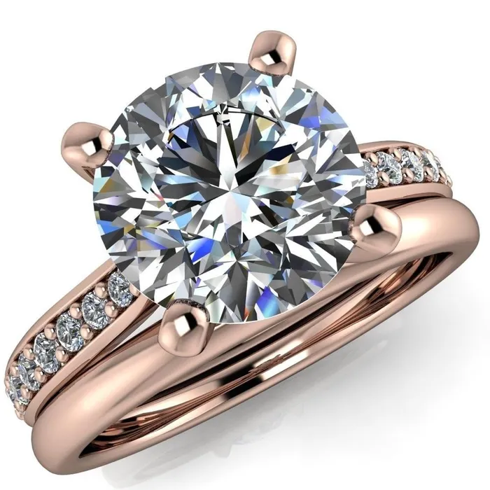 Fire Brilliance Ella Round Center Stone 4 Prong Single Side Diamonds Comfort Fit Engagement Ring Rings