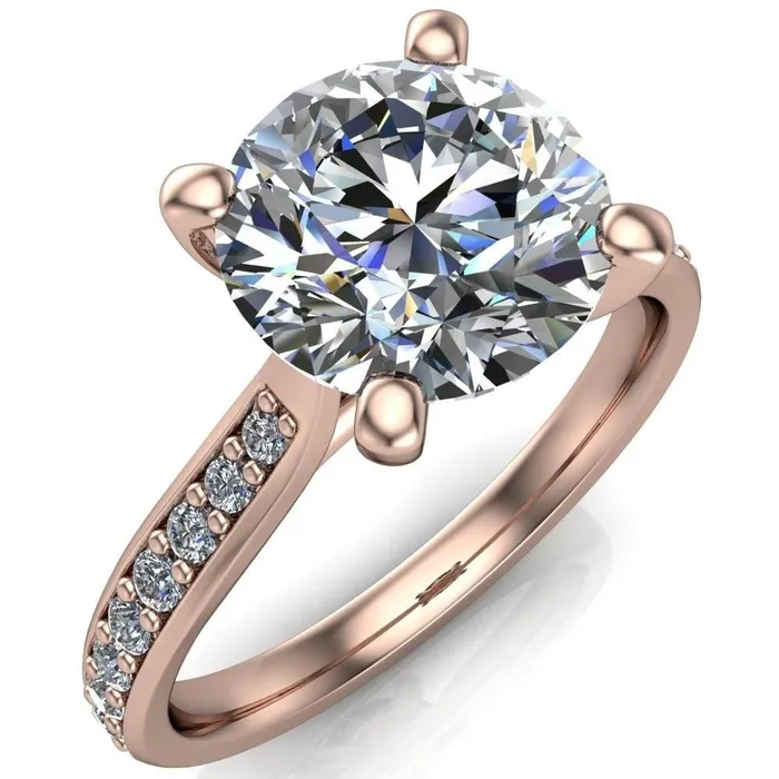Fire Brilliance Ella Round Center Stone 4 Prong Single Side Diamonds Comfort Fit Engagement Ring Rings