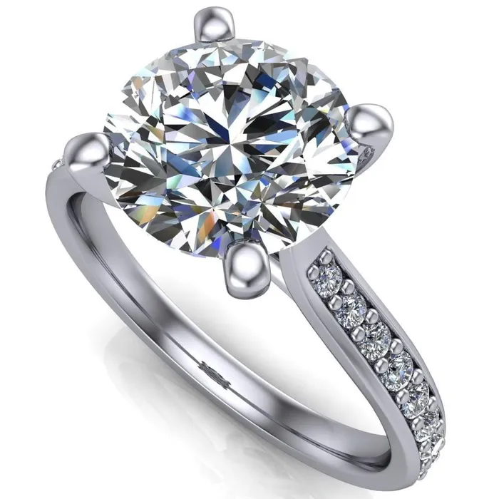 Fire Brilliance Ella Round Center Stone 4 Prong Single Side Diamonds Comfort Fit Engagement Ring Rings