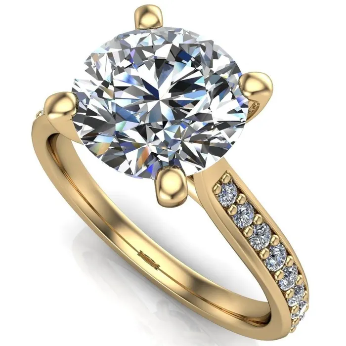 Fire Brilliance Ella Round Center Stone 4 Prong Single Side Diamonds Comfort Fit Engagement Ring Rings