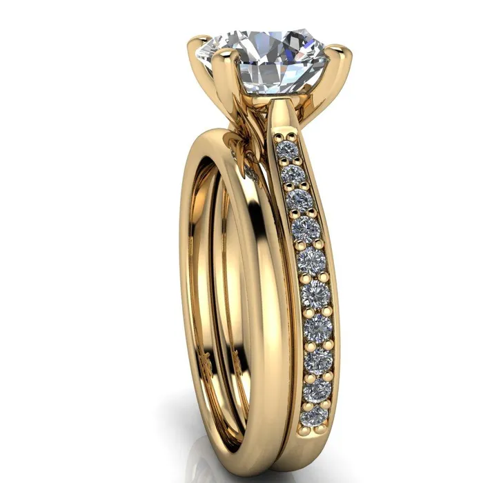 Fire Brilliance Ella Round Center Stone 4 Prong Single Side Diamonds Comfort Fit Engagement Ring Rings