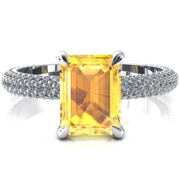Fire Brilliance Elley Emerald Yellow Sapphire 4 Claw Prong Diamond Accent Engagement Ring Rings