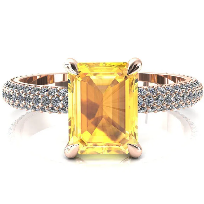 Fire Brilliance Elley Emerald Yellow Sapphire 4 Claw Prong Diamond Accent Engagement Ring Rings