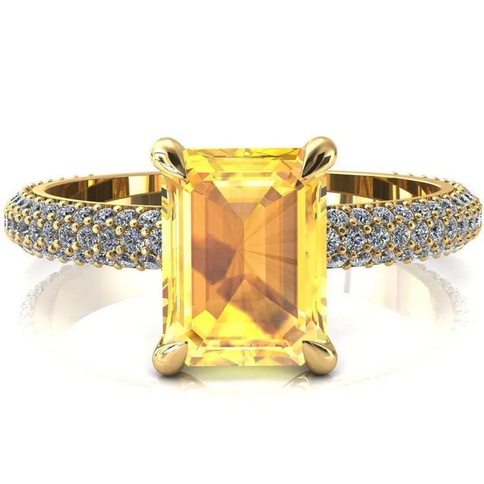 Fire Brilliance Elley Emerald Yellow Sapphire 4 Claw Prong Diamond Accent Engagement Ring Rings