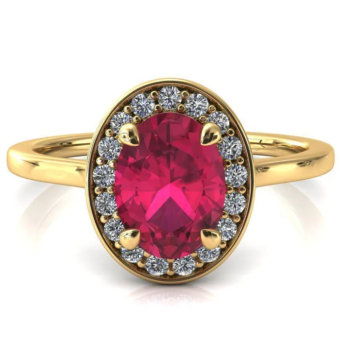 Fire Brilliance Holly Oval Ruby 4 Prong Pinpoint Floating Halo Scalloped Cathedral Ring Rings