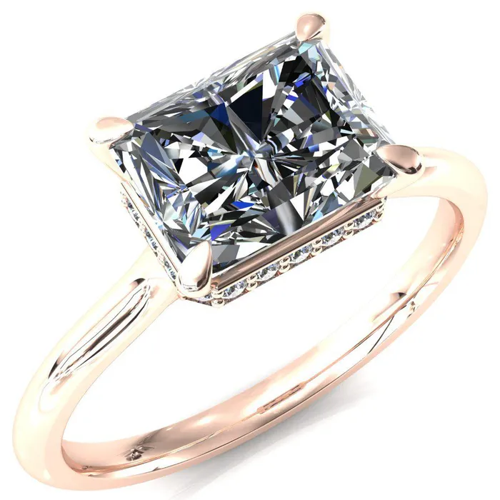 Fire Brilliance Janey Radiant Moissanite EastWest 4 Prongs Claw Floating Halo Inverted Cathedral Ring Rings