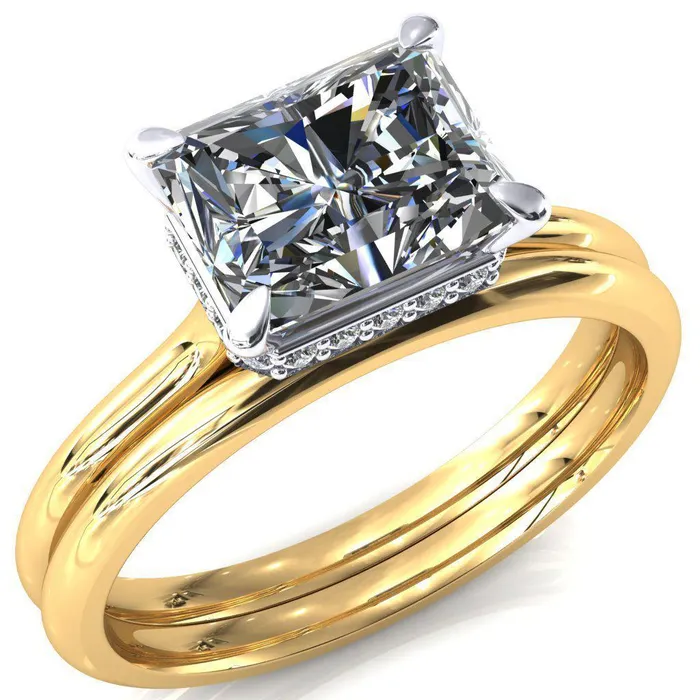 Fire Brilliance Janey Radiant Moissanite EastWest 4 Prongs Claw Floating Halo Inverted Cathedral Ring Rings