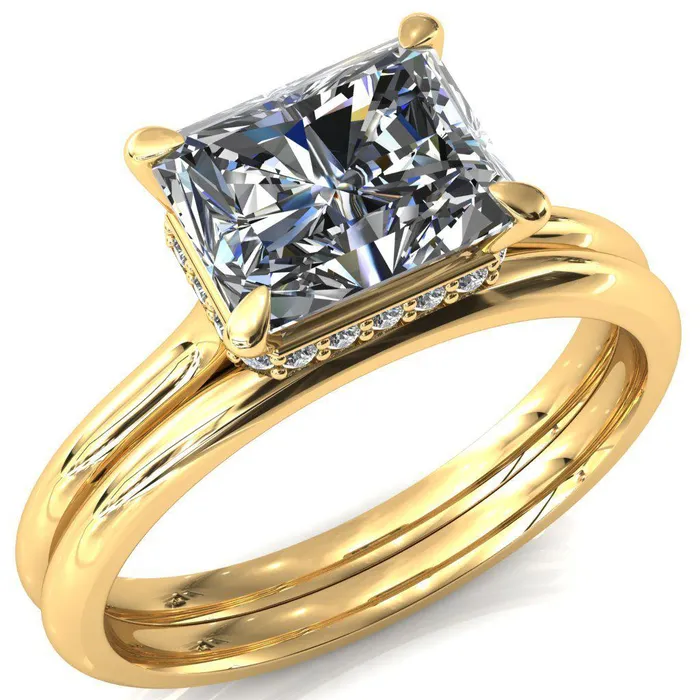 Fire Brilliance Janey Radiant Moissanite EastWest 4 Prongs Claw Floating Halo Inverted Cathedral Ring Rings