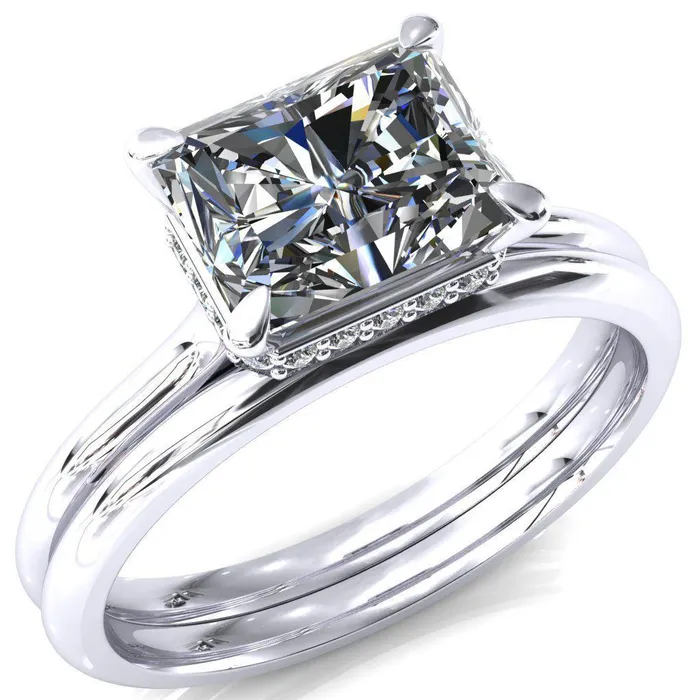 Fire Brilliance Janey Radiant Moissanite EastWest 4 Prongs Claw Floating Halo Inverted Cathedral Ring Rings