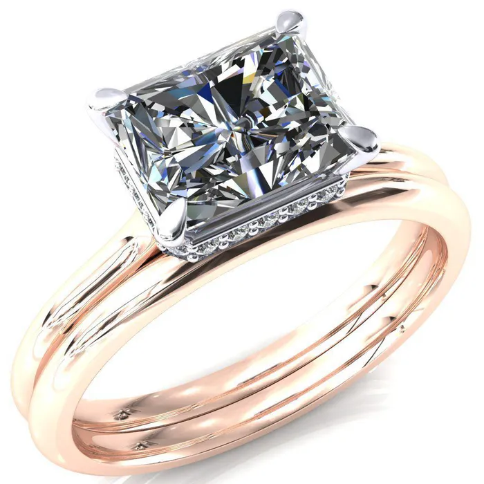 Fire Brilliance Janey Radiant Moissanite EastWest 4 Prongs Claw Floating Halo Inverted Cathedral Ring Rings
