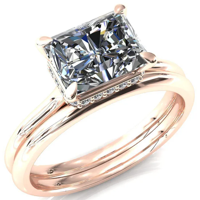 Fire Brilliance Janey Radiant Moissanite EastWest 4 Prongs Claw Floating Halo Inverted Cathedral Ring Rings