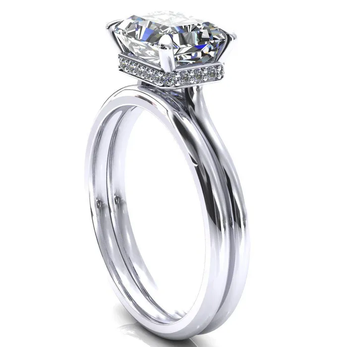 Fire Brilliance Janey Radiant Moissanite EastWest 4 Prongs Claw Floating Halo Inverted Cathedral Ring Rings