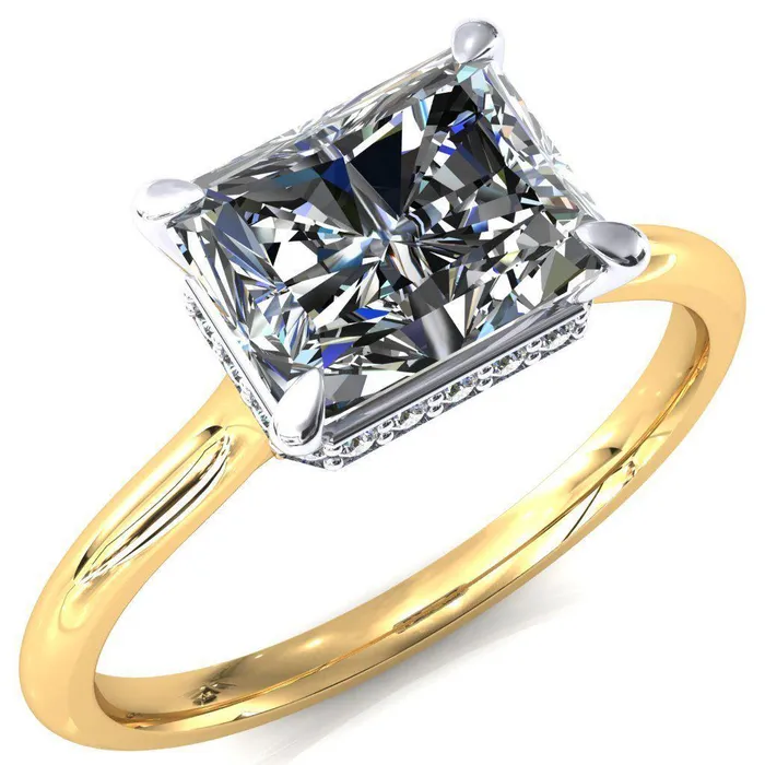Fire Brilliance Janey Radiant Moissanite EastWest 4 Prongs Claw Floating Halo Inverted Cathedral Ring Rings