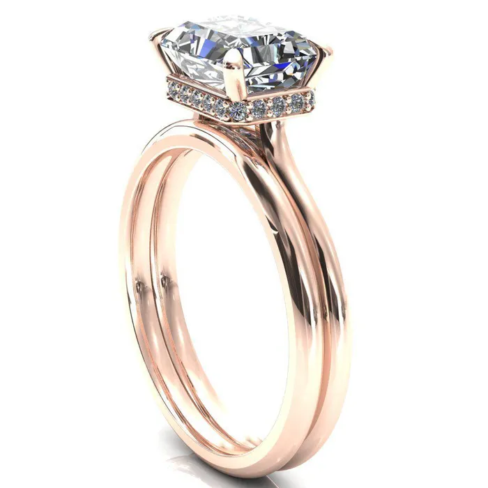 Fire Brilliance Janey Radiant Moissanite EastWest 4 Prongs Claw Floating Halo Inverted Cathedral Ring Rings