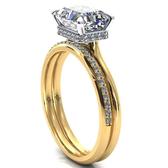 Fire Brilliance Janey Radiant Moissanite EastWest 4 Prongs Claw Floating Halo Inverted Cathedral Ring Rings