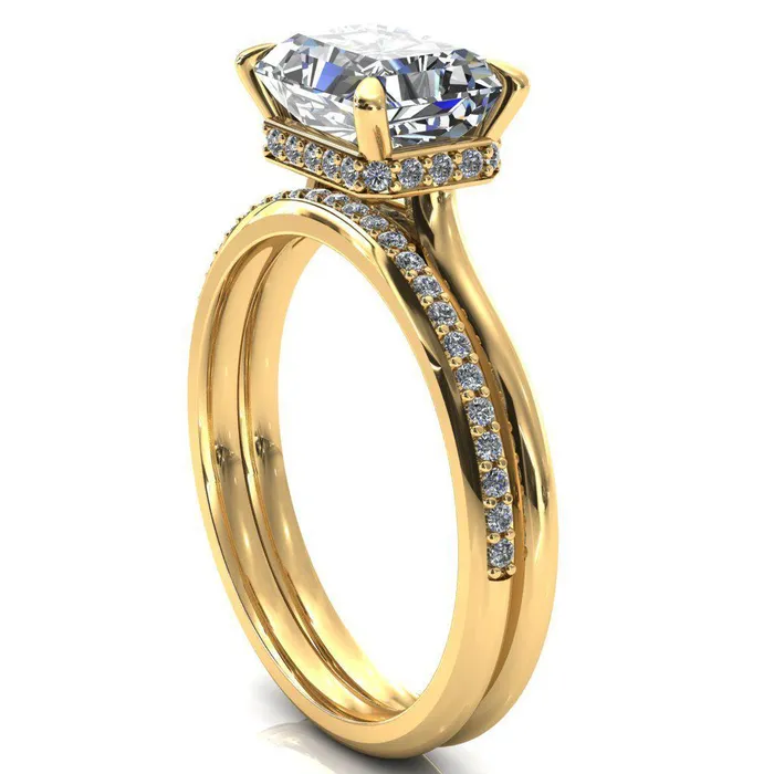 Fire Brilliance Janey Radiant Moissanite EastWest 4 Prongs Claw Floating Halo Inverted Cathedral Ring Rings