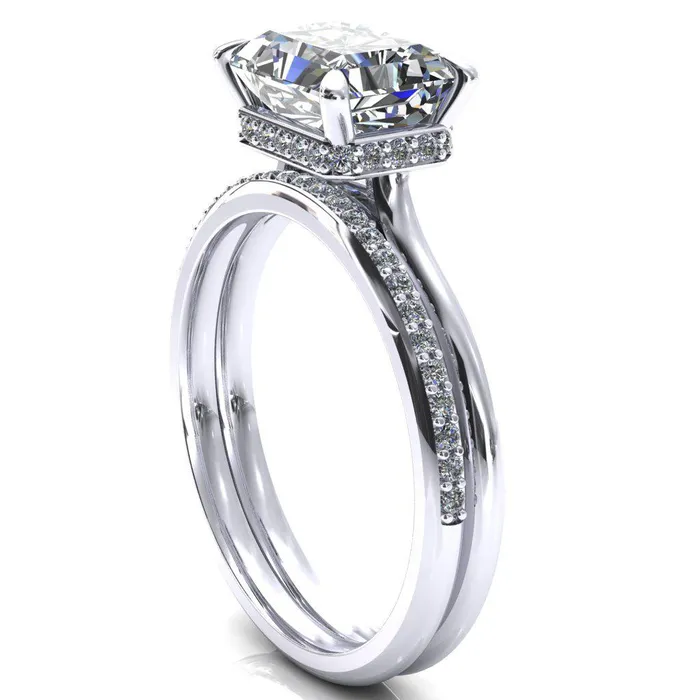 Fire Brilliance Janey Radiant Moissanite EastWest 4 Prongs Claw Floating Halo Inverted Cathedral Ring Rings