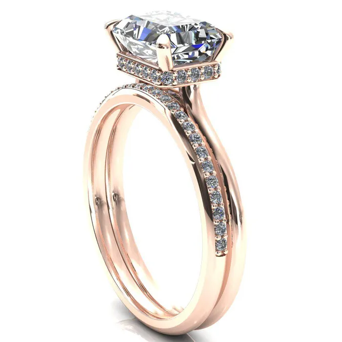 Fire Brilliance Janey Radiant Moissanite EastWest 4 Prongs Claw Floating Halo Inverted Cathedral Ring Rings