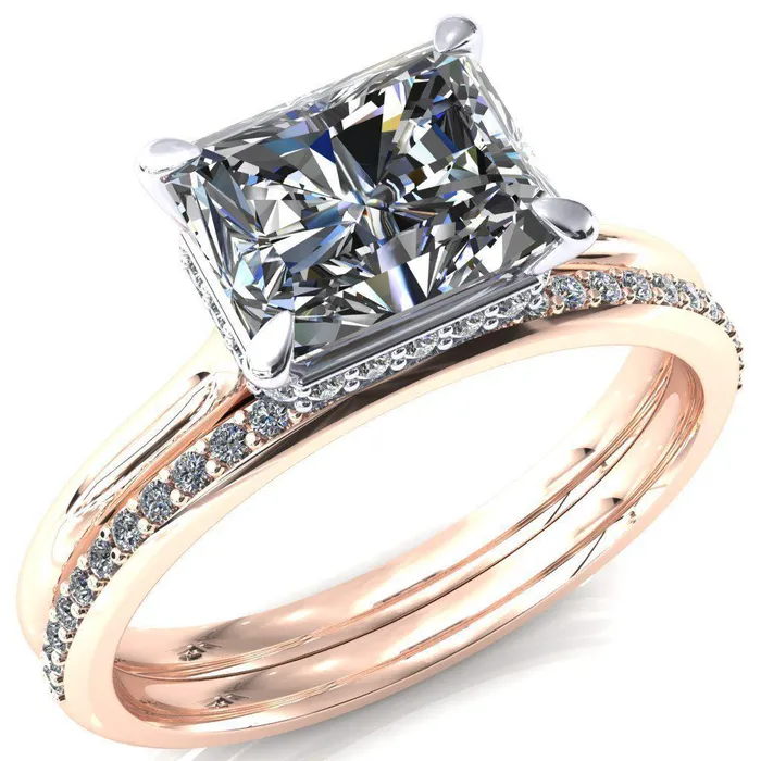 Fire Brilliance Janey Radiant Moissanite EastWest 4 Prongs Claw Floating Halo Inverted Cathedral Ring Rings