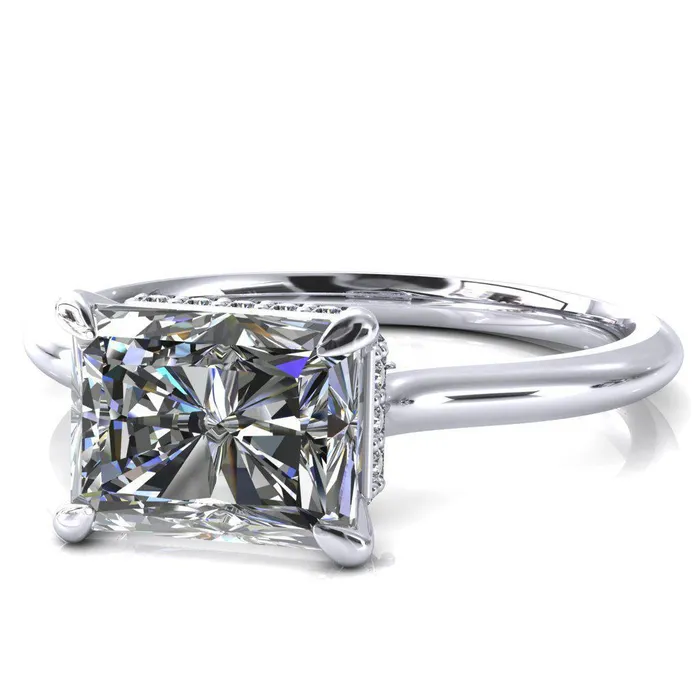 Fire Brilliance Janey Radiant Moissanite EastWest 4 Prongs Claw Floating Halo Inverted Cathedral Ring Rings