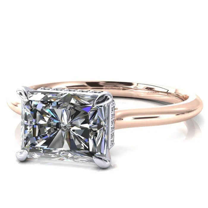 Fire Brilliance Janey Radiant Moissanite EastWest 4 Prongs Claw Floating Halo Inverted Cathedral Ring Rings