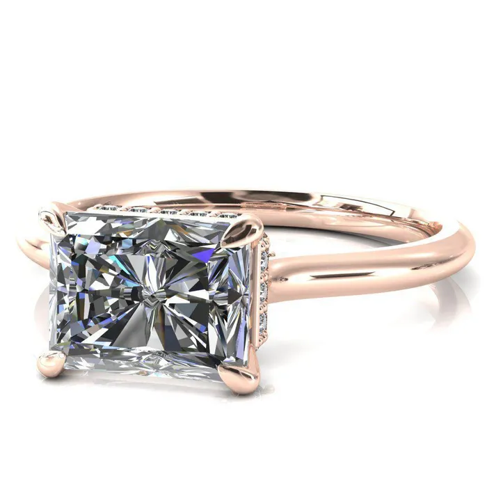 Fire Brilliance Janey Radiant Moissanite EastWest 4 Prongs Claw Floating Halo Inverted Cathedral Ring Rings