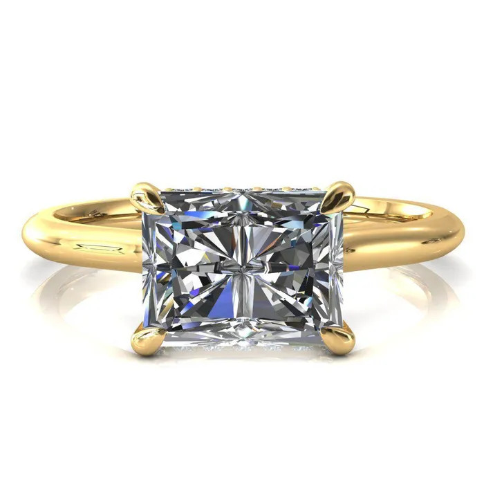 Fire Brilliance Janey Radiant Moissanite EastWest 4 Prongs Claw Floating Halo Inverted Cathedral Ring Rings
