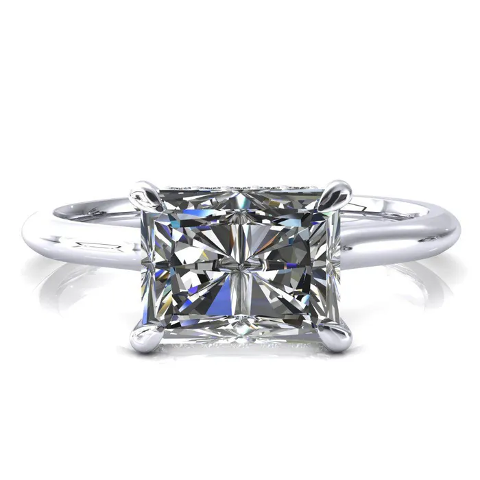 Fire Brilliance Janey Radiant Moissanite EastWest 4 Prongs Claw Floating Halo Inverted Cathedral Ring Rings