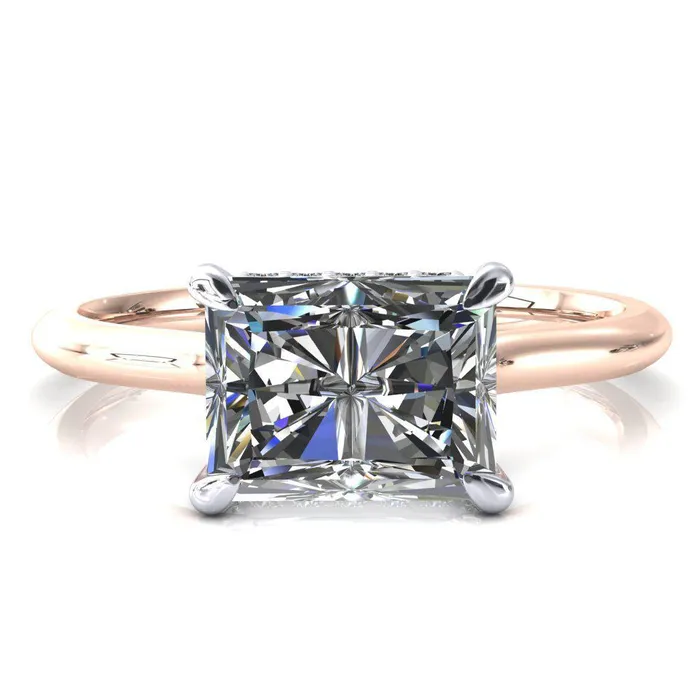 Fire Brilliance Janey Radiant Moissanite EastWest 4 Prongs Claw Floating Halo Inverted Cathedral Ring Rings