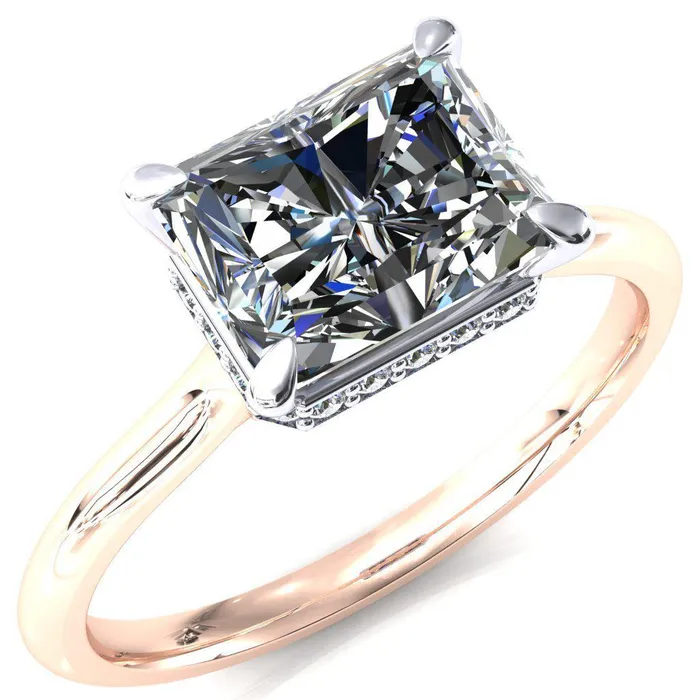 Fire Brilliance Janey Radiant Moissanite EastWest 4 Prongs Claw Floating Halo Inverted Cathedral Ring Rings