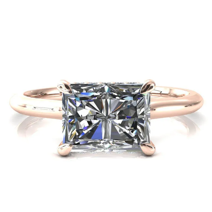 Fire Brilliance Janey Radiant Moissanite EastWest 4 Prongs Claw Floating Halo Inverted Cathedral Ring Rings