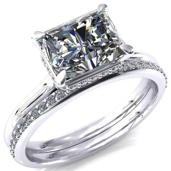 Fire Brilliance Janey Radiant Moissanite EastWest 4 Prongs Claw Floating Halo Inverted Cathedral Ring Rings