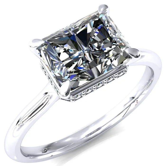 Fire Brilliance Janey Radiant Moissanite EastWest 4 Prongs Claw Floating Halo Inverted Cathedral Ring Rings
