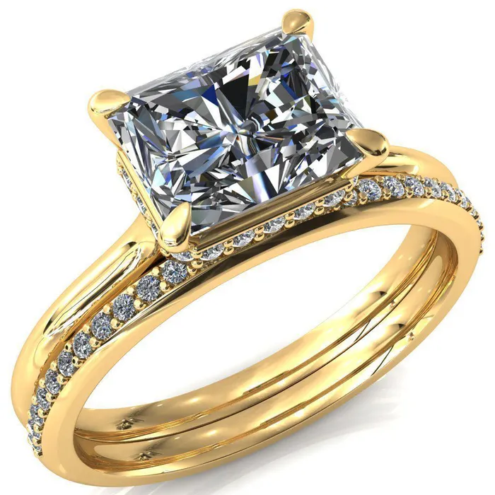 Fire Brilliance Janey Radiant Moissanite EastWest 4 Prongs Claw Floating Halo Inverted Cathedral Ring Rings
