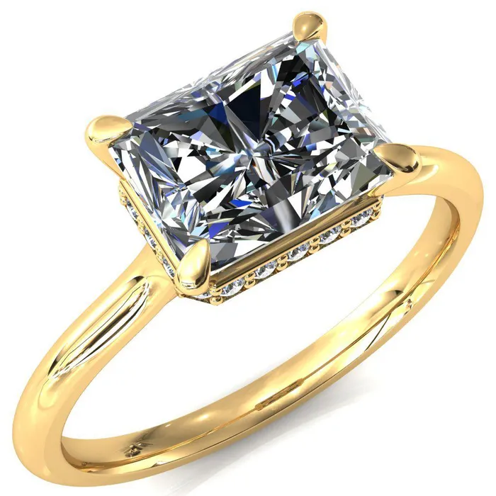 Fire Brilliance Janey Radiant Moissanite EastWest 4 Prongs Claw Floating Halo Inverted Cathedral Ring Rings