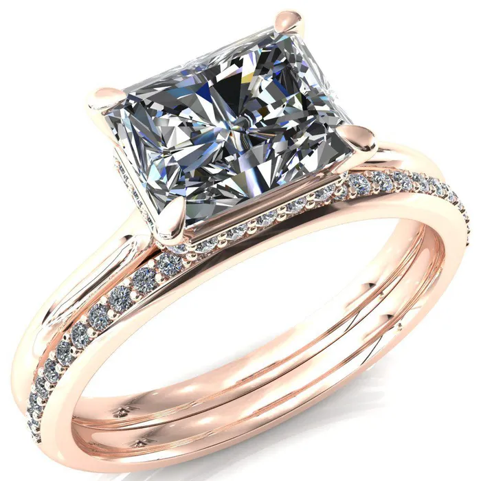Fire Brilliance Janey Radiant Moissanite EastWest 4 Prongs Claw Floating Halo Inverted Cathedral Ring Rings