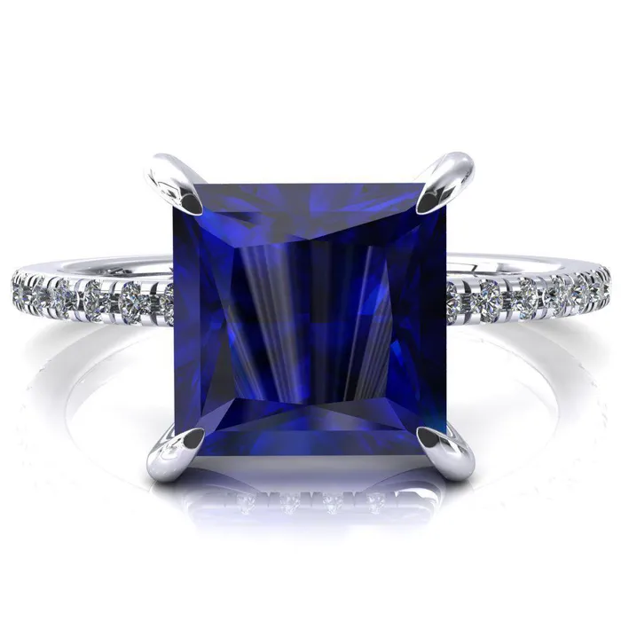 Fire Brilliance Mayeli Princess Blue Sapphire 4 Claw Prong Micro Pave Diamond Sides Engagement Ring Rings Fire Brilliance Mayeli Princess Blue Sapphire 4 Claw Prong Micro Pave Diamond Sides Engagement Ring Rings