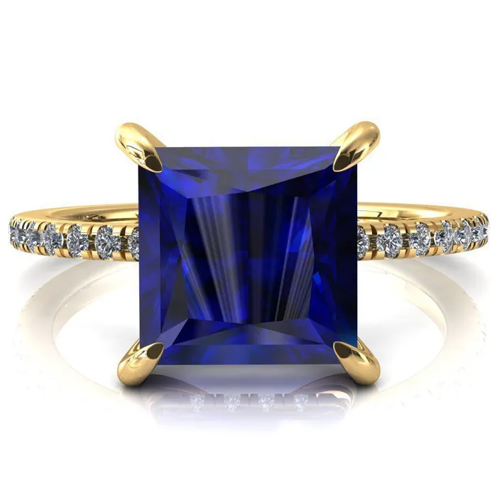 Fire Brilliance Mayeli Princess Blue Sapphire 4 Claw Prong Micro Pave Diamond Sides Engagement Ring Rings