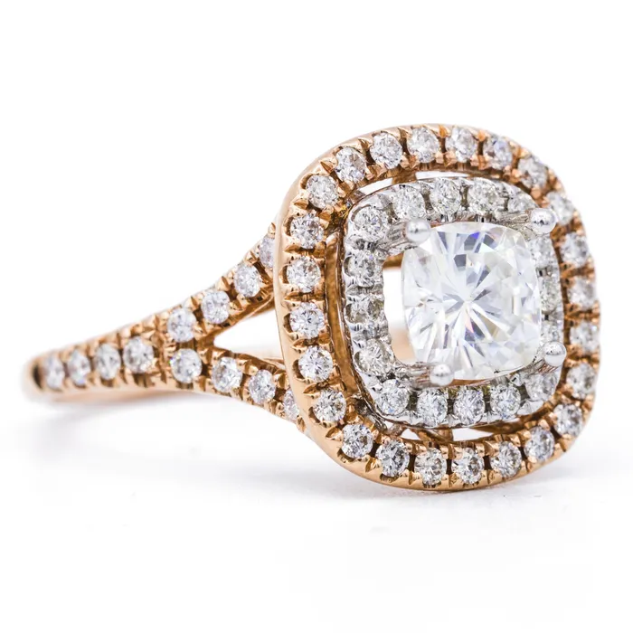 Fire Brilliance Rings 60mm Cushion Center Double Halo Diamond 14K Rose Gold Ring