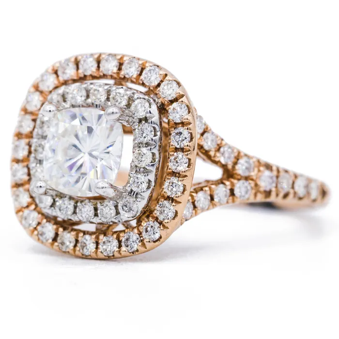 Fire Brilliance Rings 60mm Cushion Center Double Halo Diamond 14K Rose Gold Ring