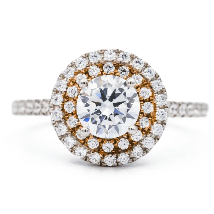 Fire Brilliance Rings 65mm Round Center Two Tone 14K White and Rose Solid Gold Halo Diamond Shank Design Ring Fire Brilliance Rings 65mm Round Center Two Tone 14K White and Rose Solid Gold Halo Diamond Shank Design Ring