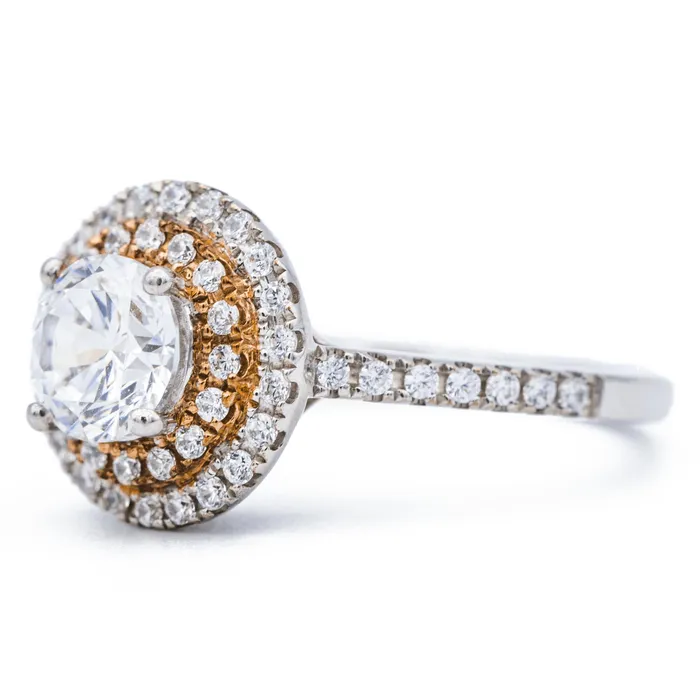 Fire Brilliance Rings 65mm Round Center Two Tone 14K White and Rose Solid Gold Halo Diamond Shank Design Ring