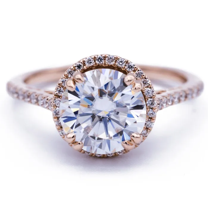 Fire Brilliance Rings 8mm Round Center 14K Rose Gold Diamond Halo Filigree and Milgrain Ring Fire Brilliance Rings 8mm Round Center 14K Rose Gold Diamond Halo Filigree and Milgrain Ring