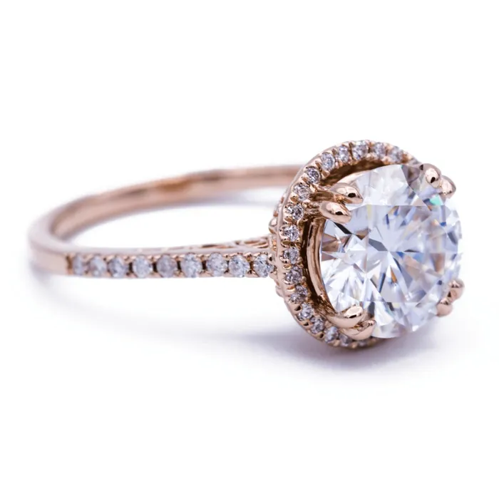 Fire Brilliance Rings 8mm Round Center 14K Rose Gold Diamond Halo Filigree and Milgrain Ring