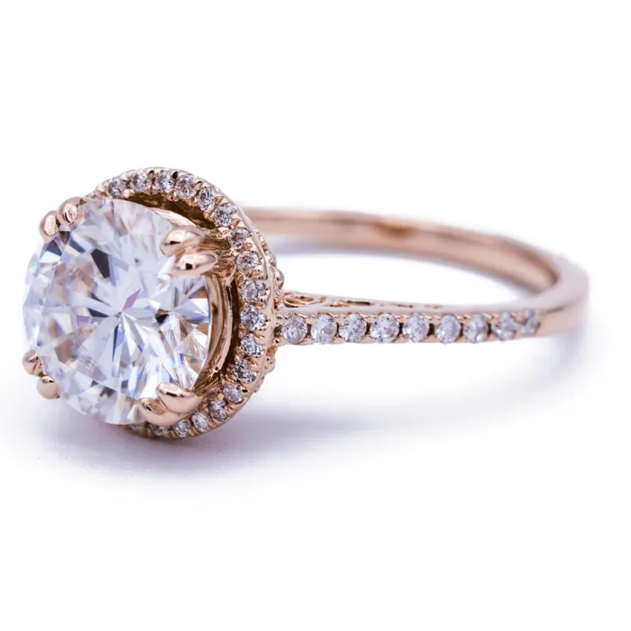 Fire Brilliance Rings 8mm Round Center 14K Rose Gold Diamond Halo Filigree and Milgrain Ring