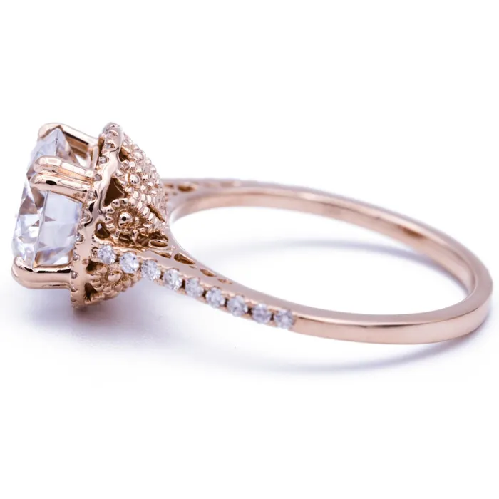 Fire Brilliance Rings 8mm Round Center 14K Rose Gold Diamond Halo Filigree and Milgrain Ring