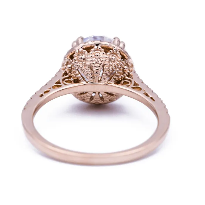 Fire Brilliance Rings 8mm Round Center 14K Rose Gold Diamond Halo Filigree and Milgrain Ring