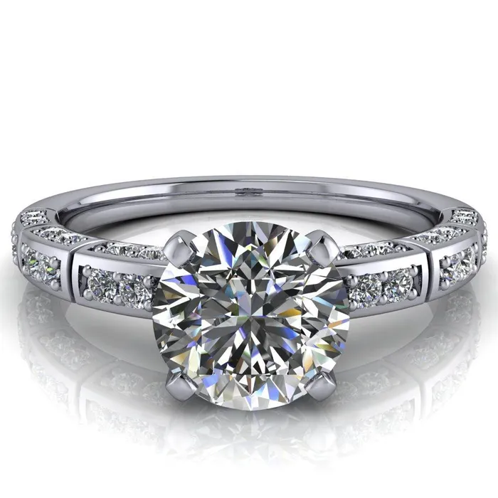 Fire Brilliance Rings Avery Round Center Stone 4 Prong Designer Shank Ring